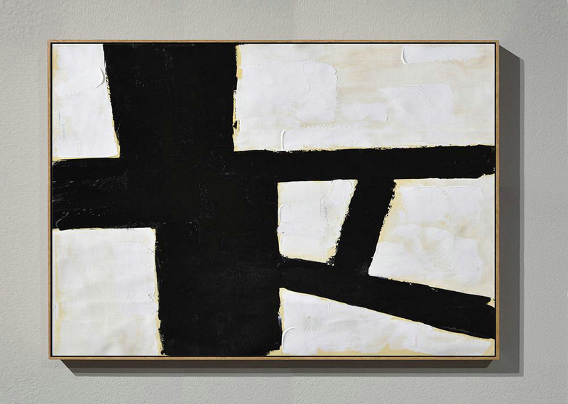 Modern Art Abstract Painting,Horizontal Palette Knife Minimal Canvas Art Painting Black White Beige,Original Art #R8F3